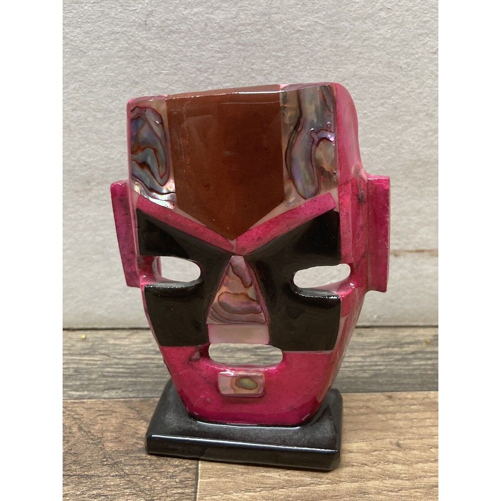 Vintage Mini Decorative Mask 5" - Pinks and black - Stone/Shell/Agate?